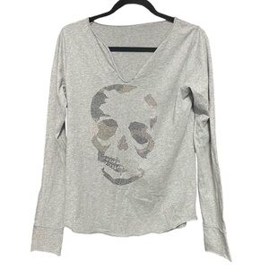 Zadig &‎ Voltaire Rhinestone Scull Long Sleeve Henley Tee Grey Size S/M